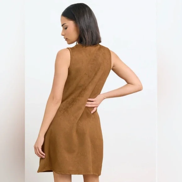 Sleeveless V-Neck Suede-Look Tan Dress - Picture 2 of 4